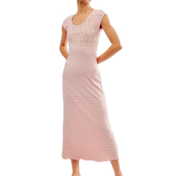 Free People Light Pink Cap Sleeve Open Back Laser Cut Robin Seamless Midi Dress - Picture 1 of 14